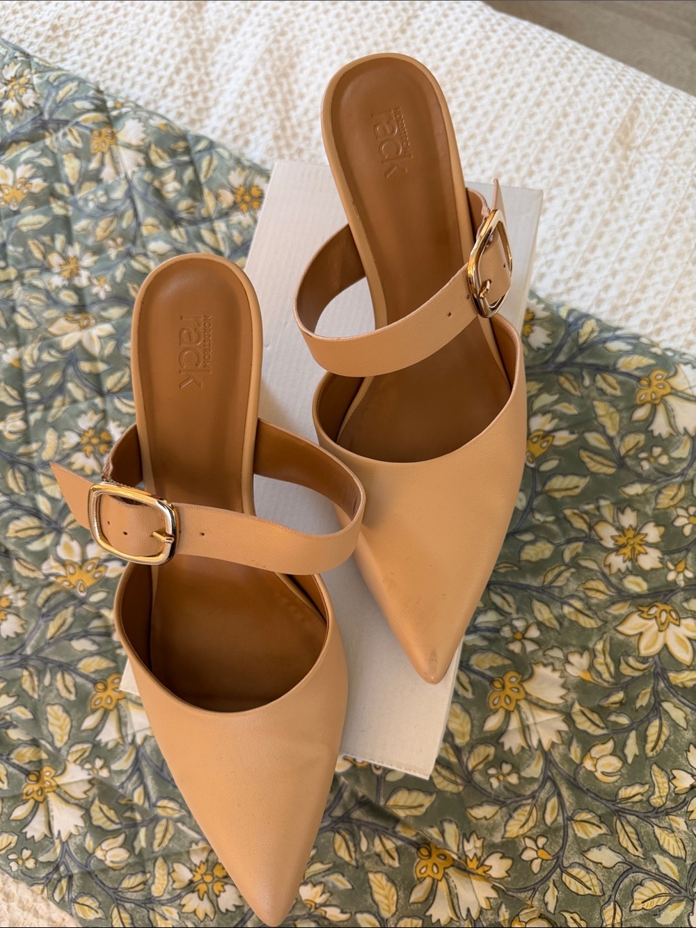 Nordstrom Rack Pointed Toe Mule Heels in Nude with Buckle Strap